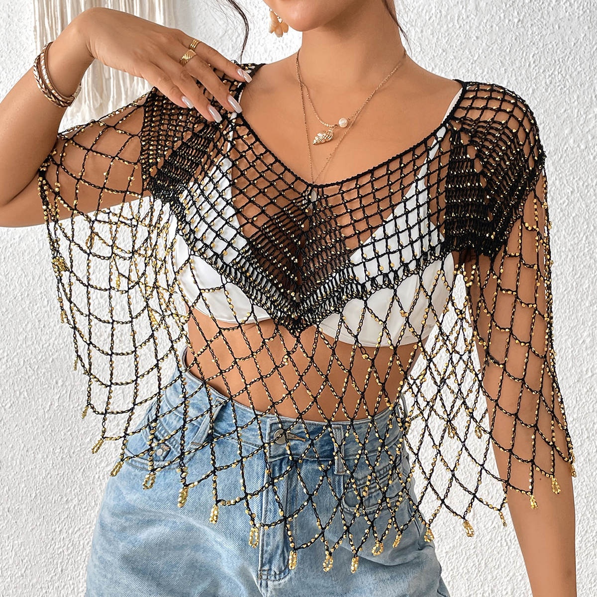 Sparkle Beaded Crochet Beach Cover Up Top