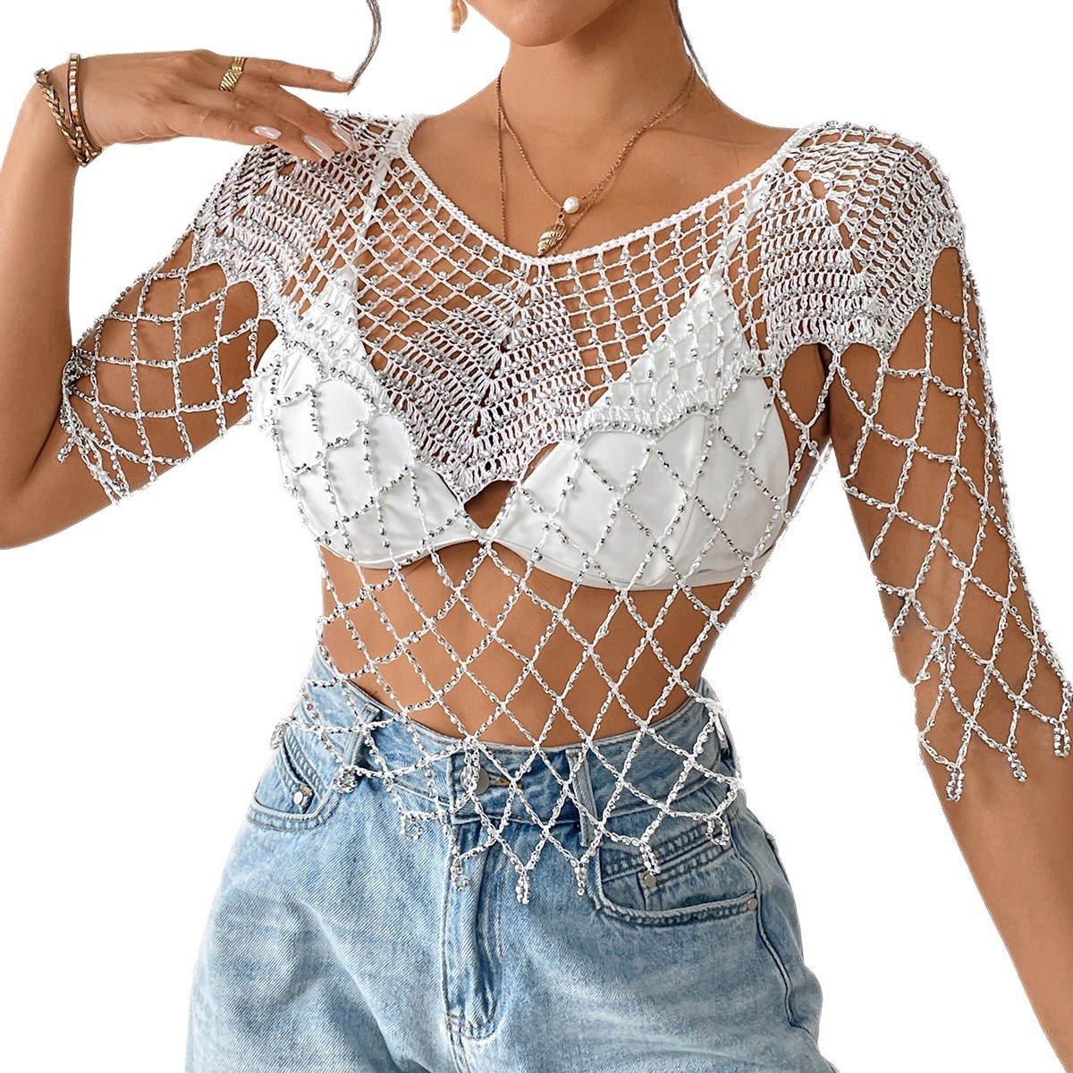 Sparkle Beaded Crochet Beach Cover Up Top
