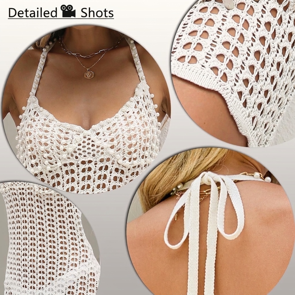Boho Crochet Knit Beach Cover Up Dress - Halter Neck Dress