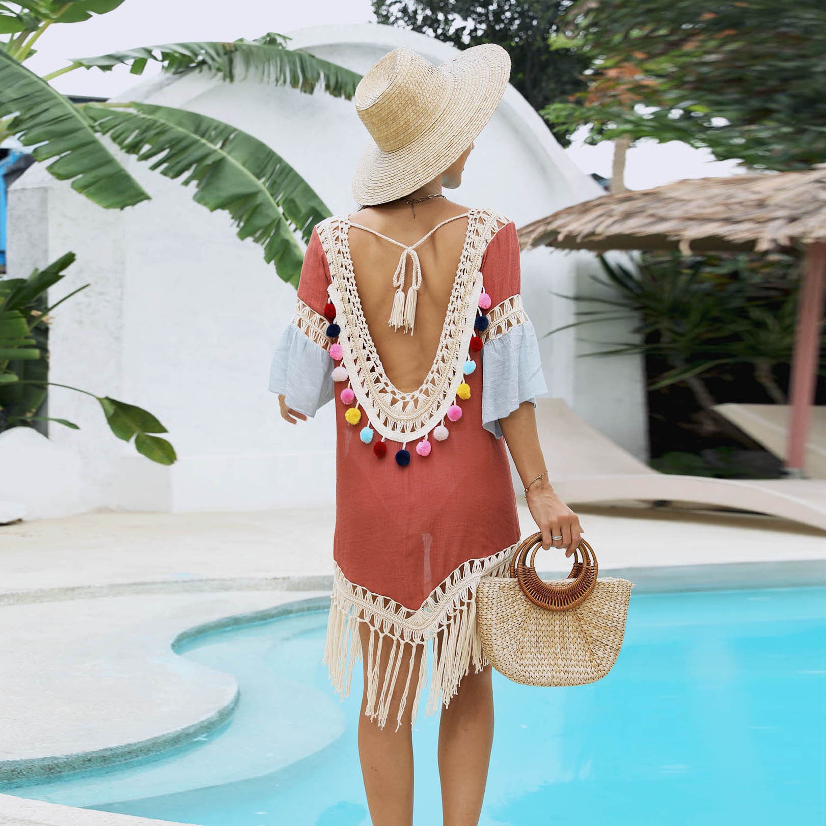 Boho Crochet Fringe Beach Cover-Up Dress - V-Neck Swimwear