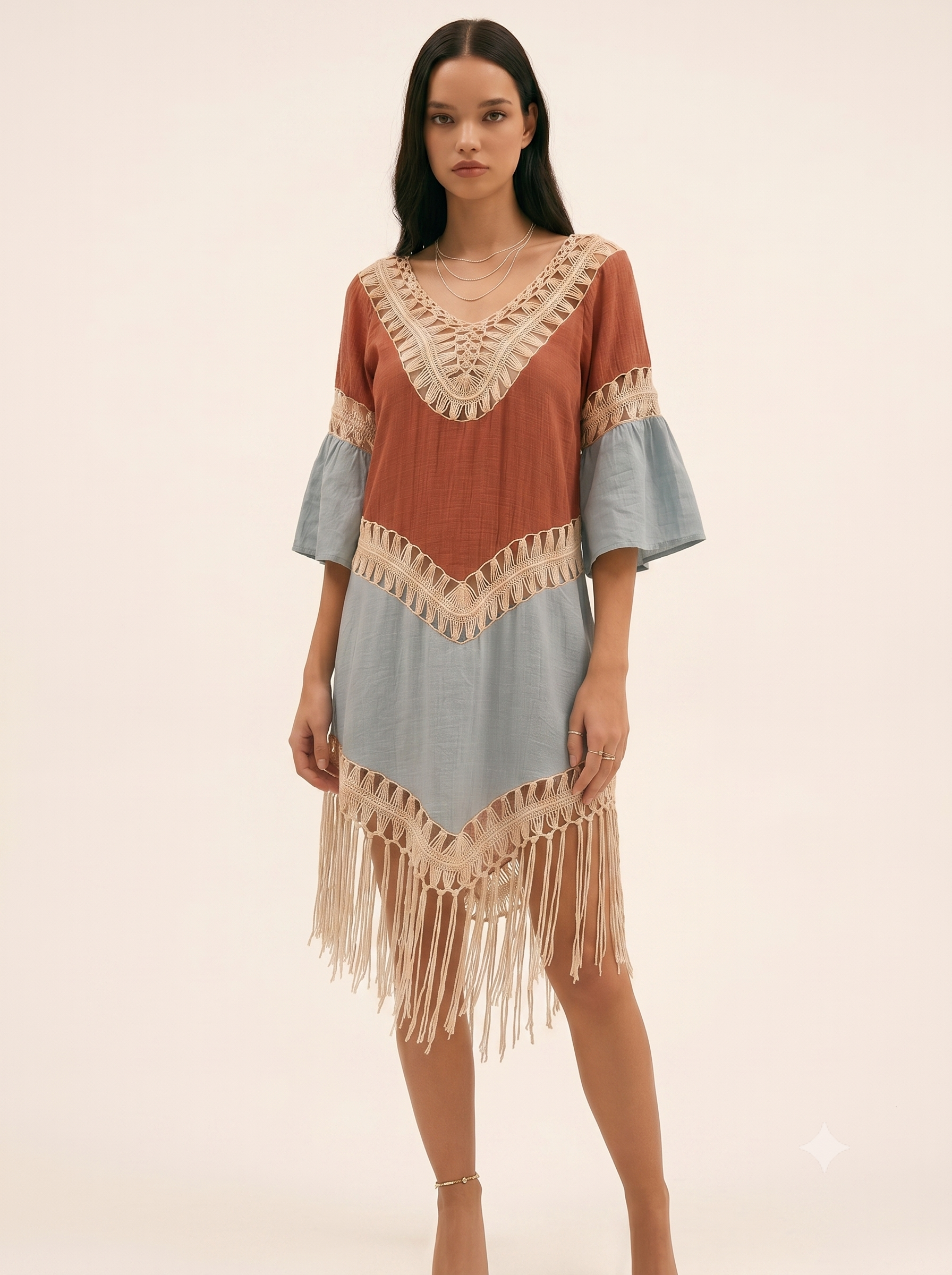 Boho Crochet Fringe Beach Cover-Up Dress - V-Neck Swimwear