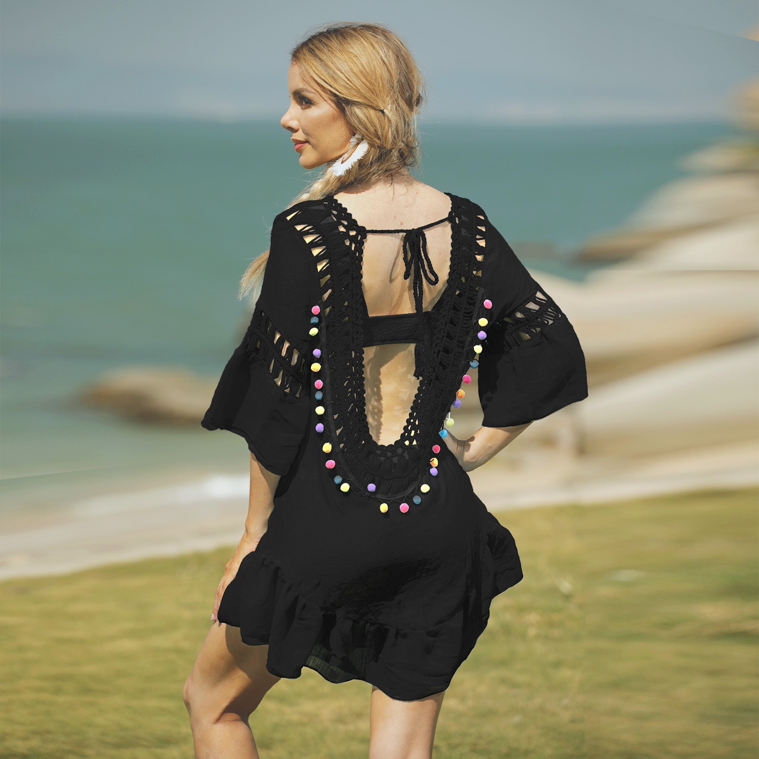 Women's Black Crochet Beach Cover Up Dress with Pom Poms