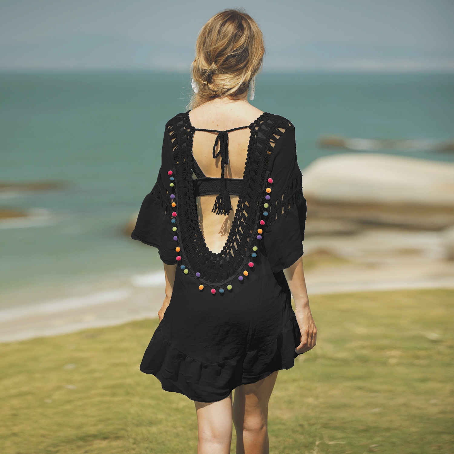 Women's Black Crochet Beach Cover Up Dress with Pom Poms