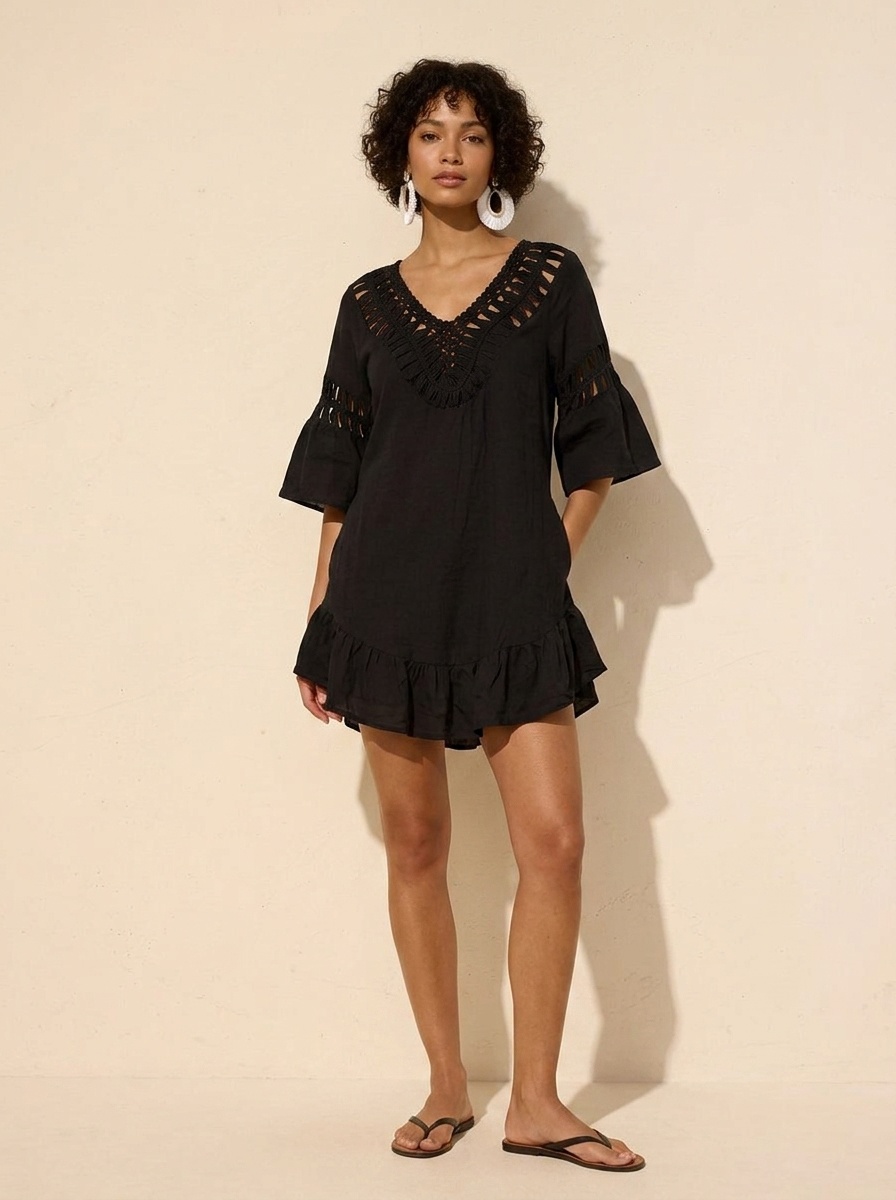 Women's Black Crochet Beach Cover Up Dress with Pom Poms