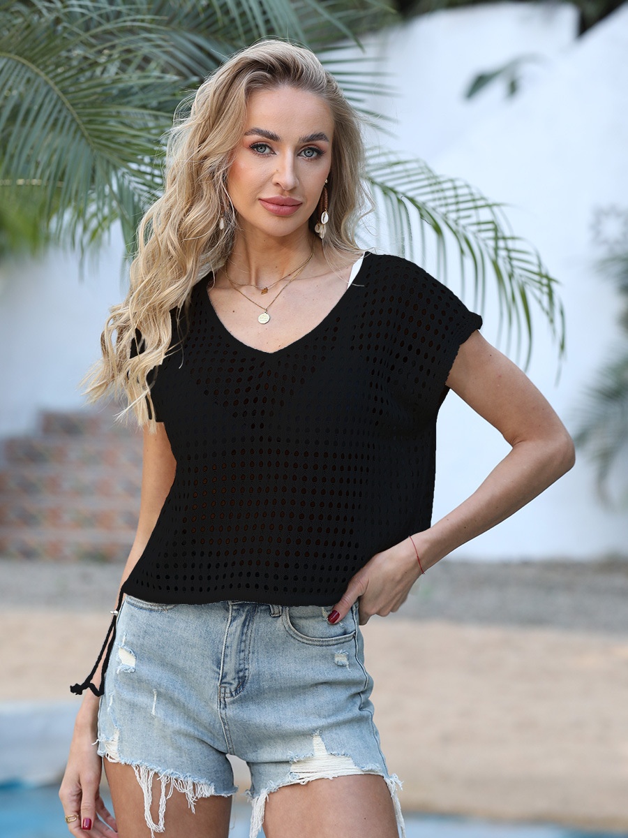 Women's Crochet Knit V-Neck Short Sleeve Beach Cover Up Top