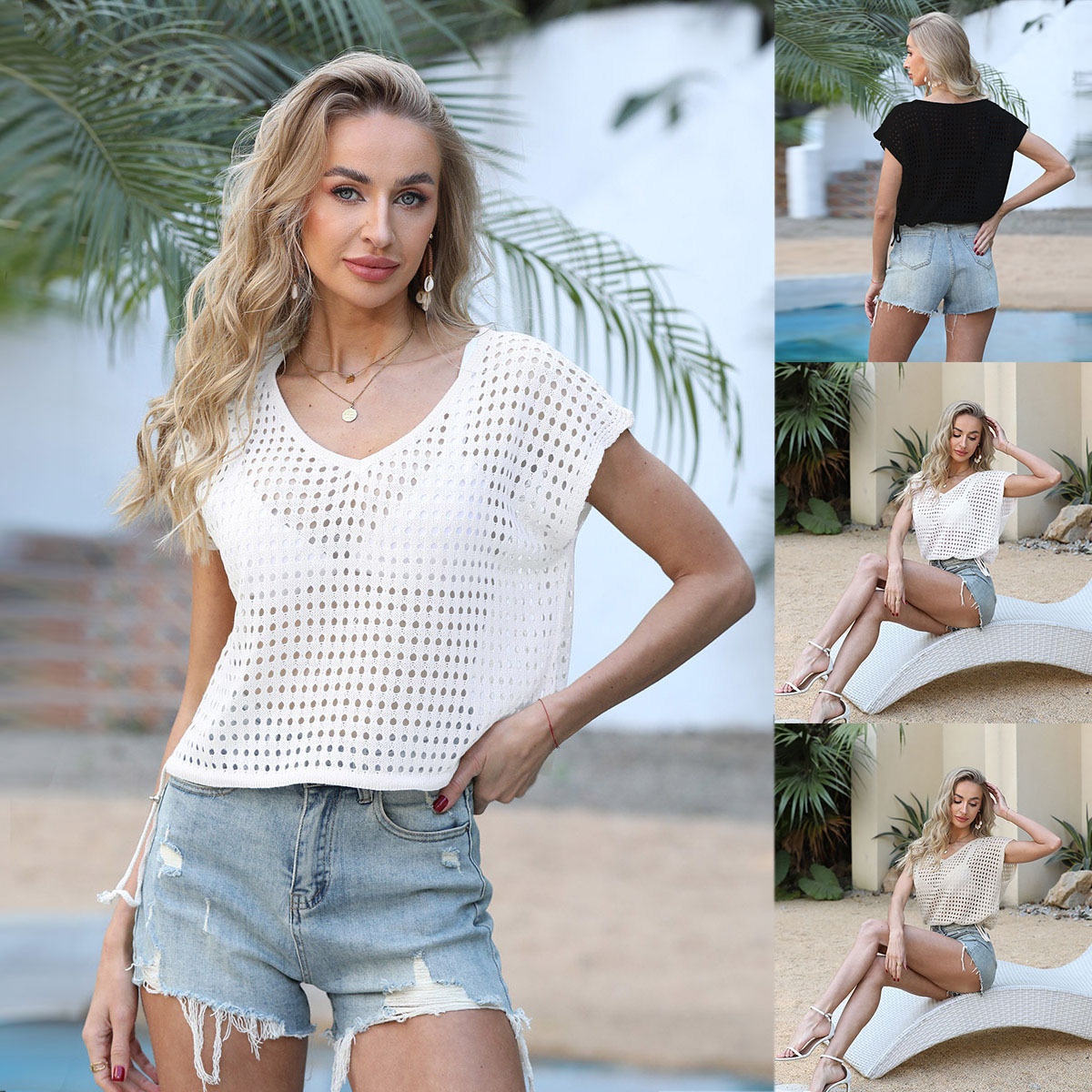 Women's Crochet Knit V-Neck Short Sleeve Beach Cover Up Top