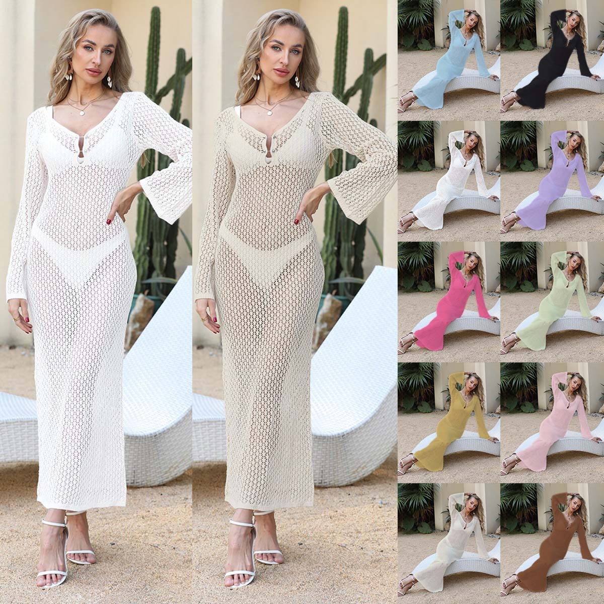 Women's Crochet Knit Long Sleeve Beach Cover Up Maxi Dress