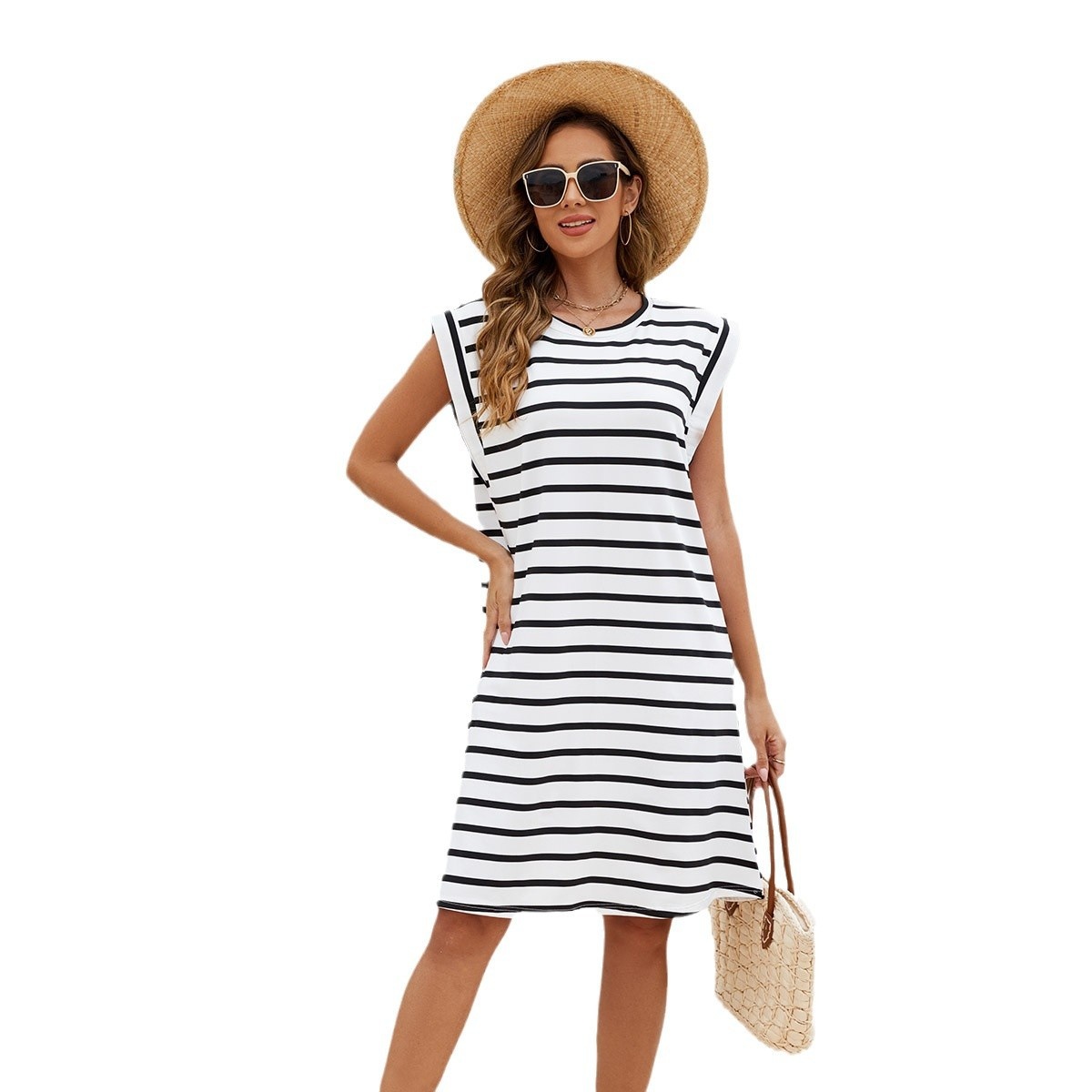 Women's Striped Sleeveless T-Shirt Dress Casual Summer Mini