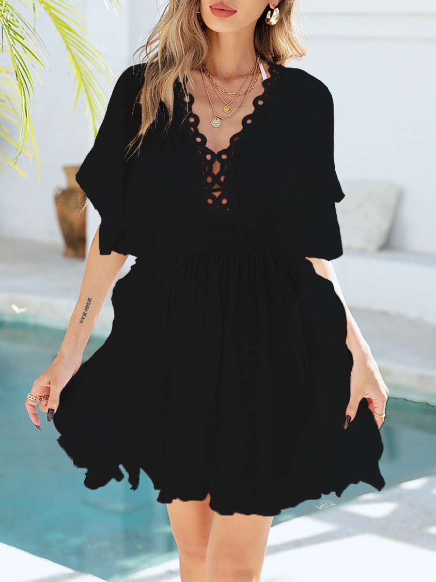 Women's V-Neck Smocked Waist Beach Cover-Up Dress