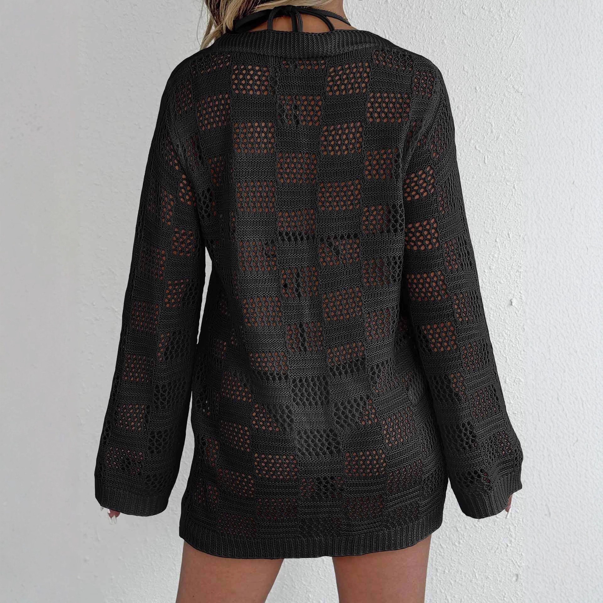 Women's Crochet Knit Beach Cover Up Cardigan V-Neck Tie Front