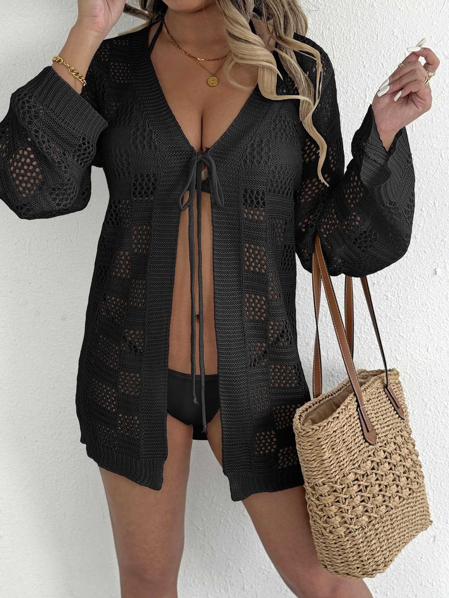 Women's Crochet Knit Beach Cover Up Cardigan V-Neck Tie Front