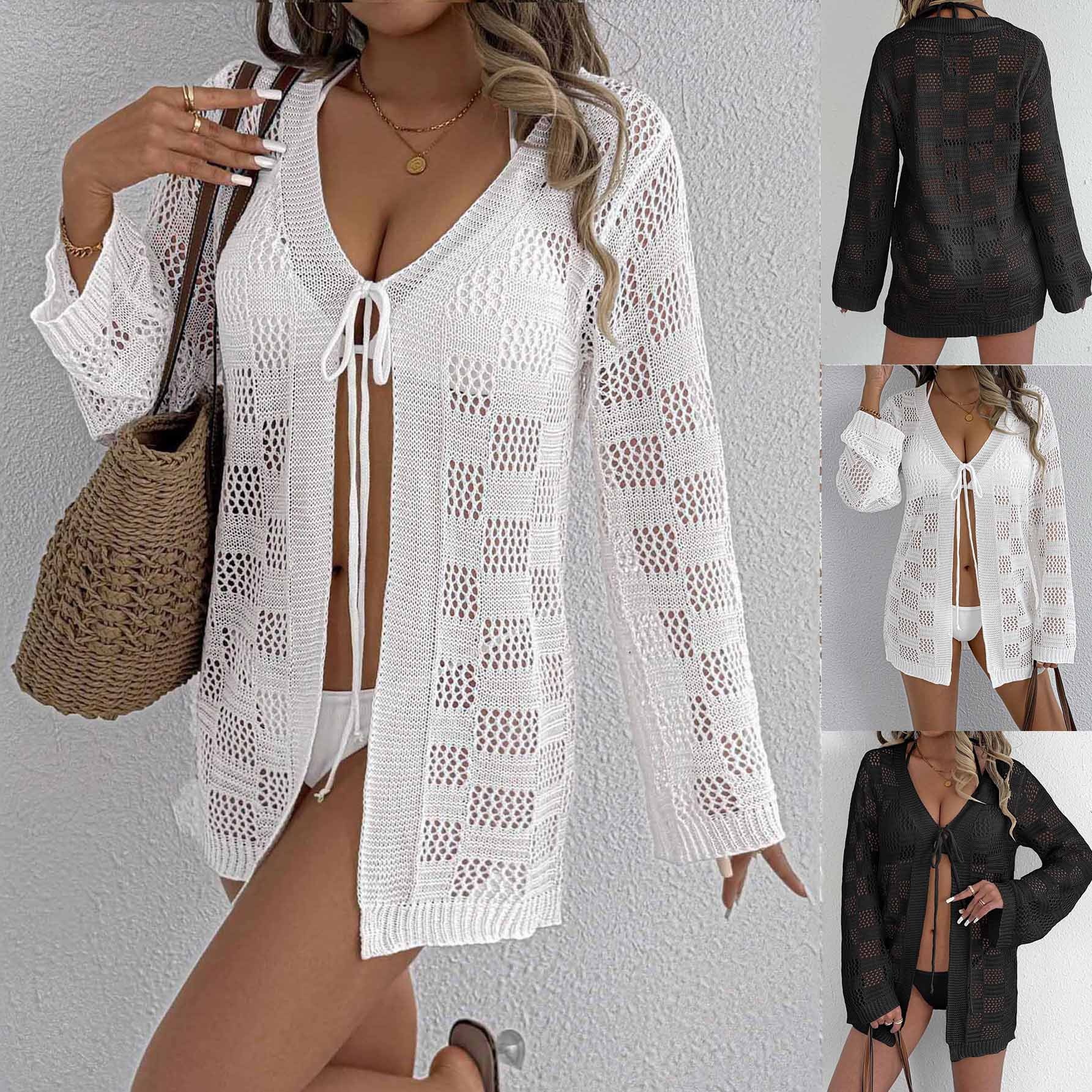 Women's Crochet Knit Beach Cover Up Cardigan V-Neck Tie Front