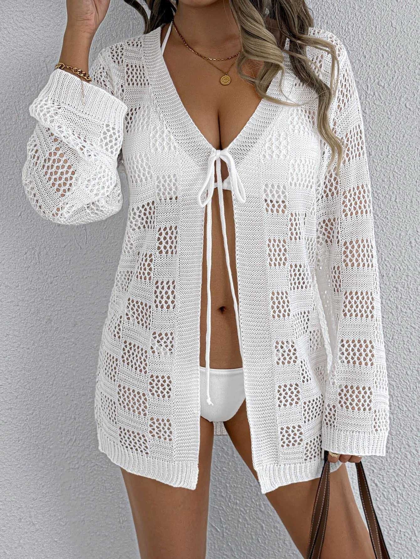 Women's Crochet Knit Beach Cover Up Cardigan V-Neck Tie Front