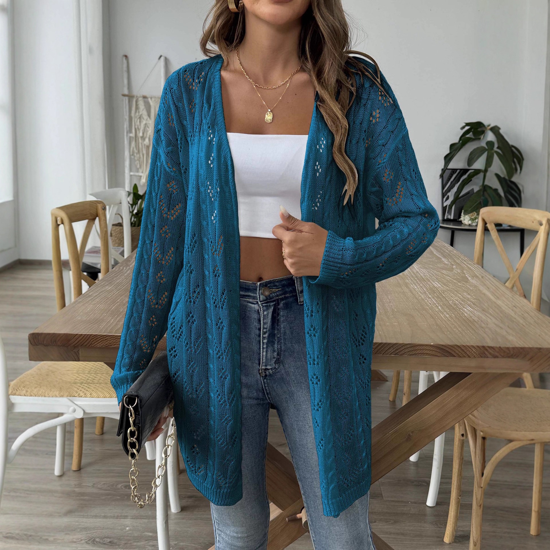 Women's Lightweight Open Knit Cardigan - Long Sleeve Sweater