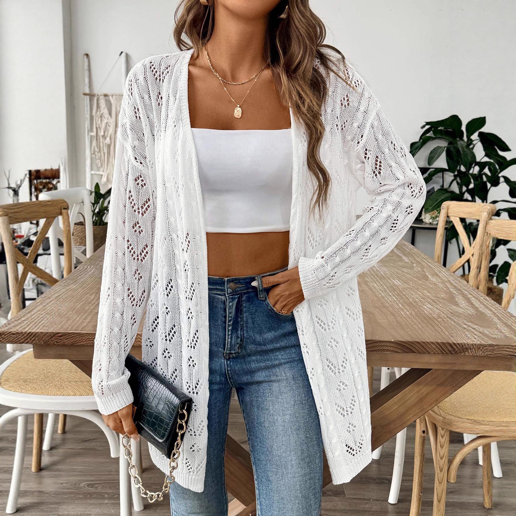 Women's Lightweight Open Knit Cardigan - Long Sleeve Sweater