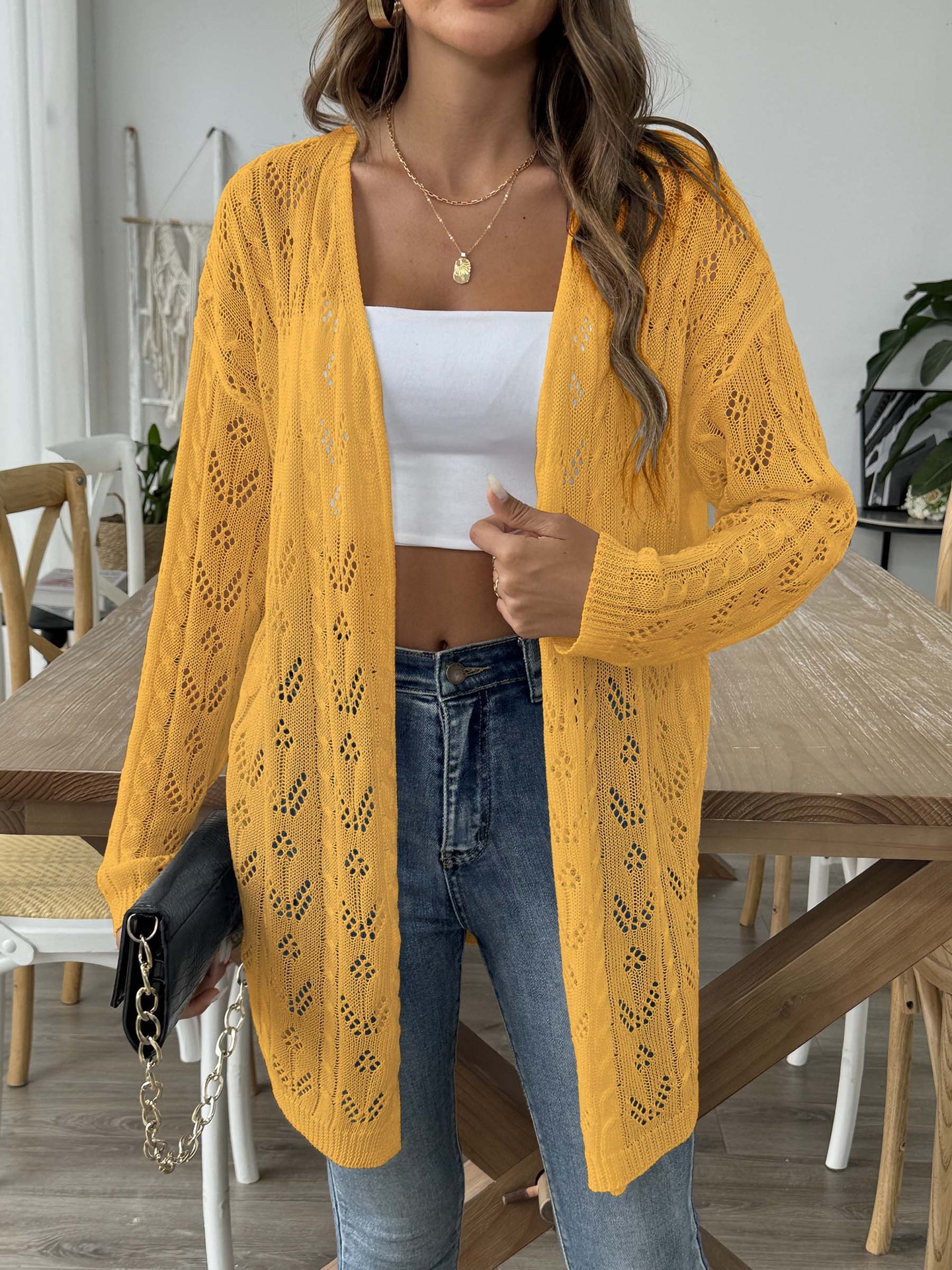Women's Lightweight Open Knit Cardigan - Long Sleeve Sweater