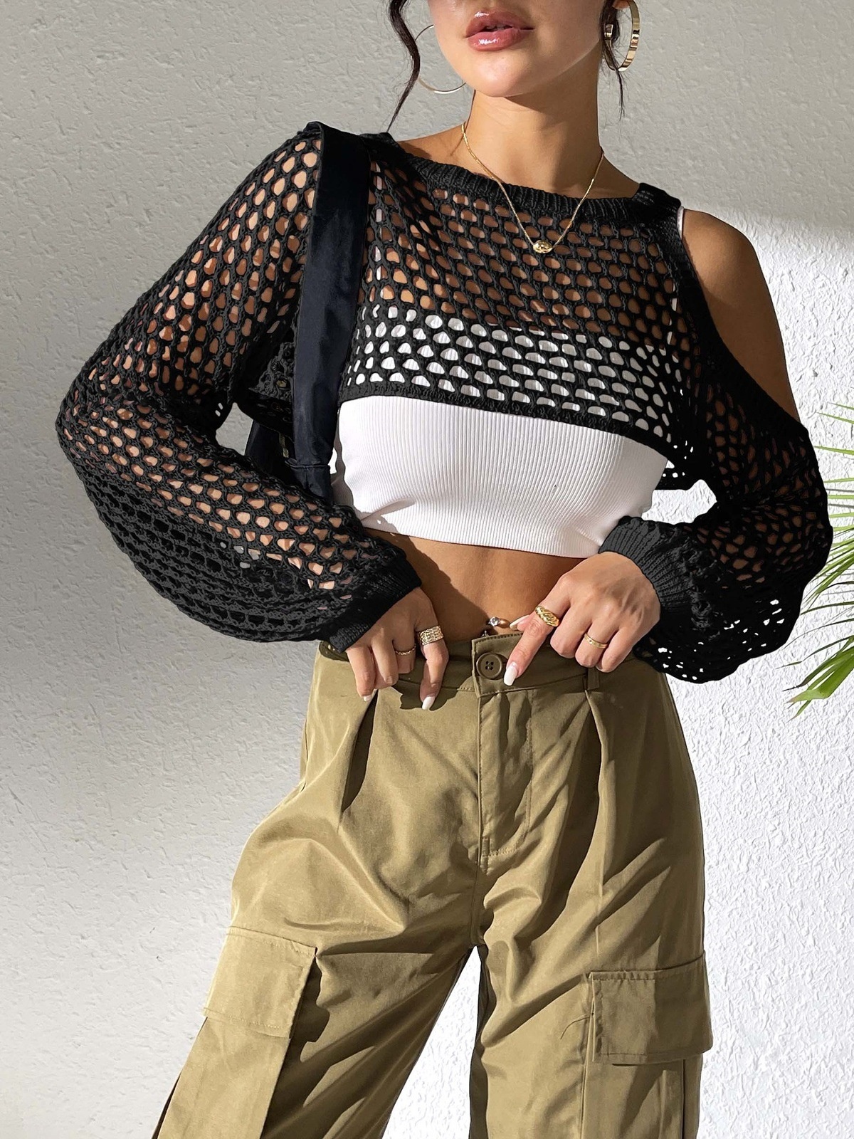 Women's Mesh Knit Cropped Long Sleeve Off-Shoulder Top