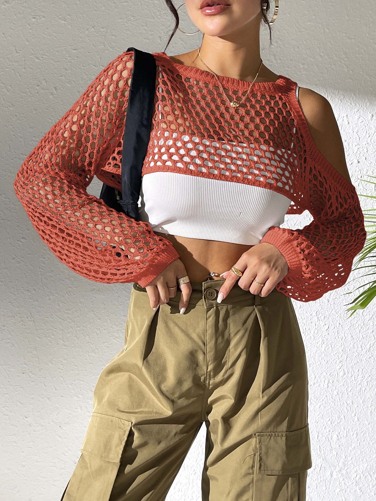 Women's Mesh Knit Cropped Long Sleeve Off-Shoulder Top
