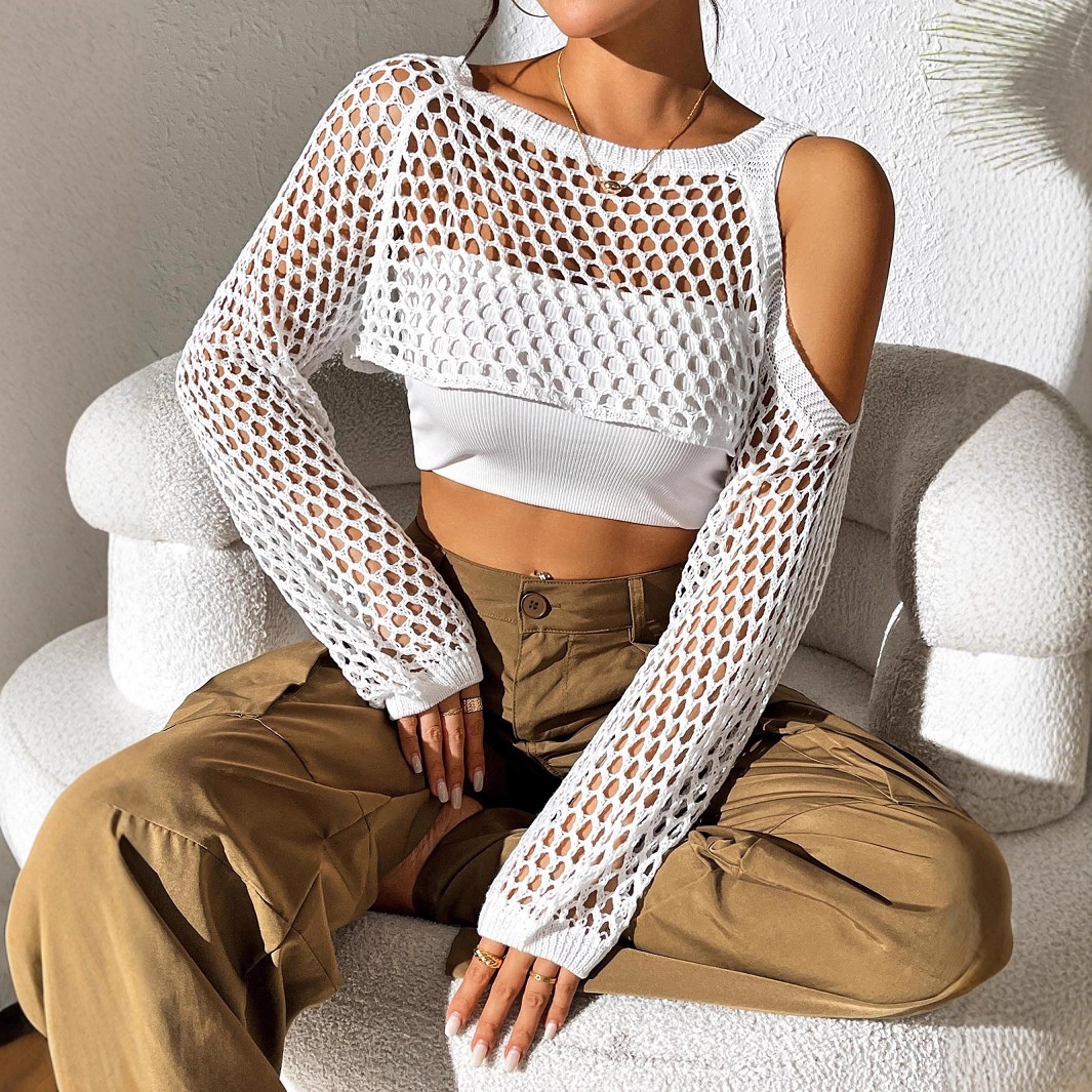 Women's Mesh Knit Cropped Long Sleeve Off-Shoulder Top
