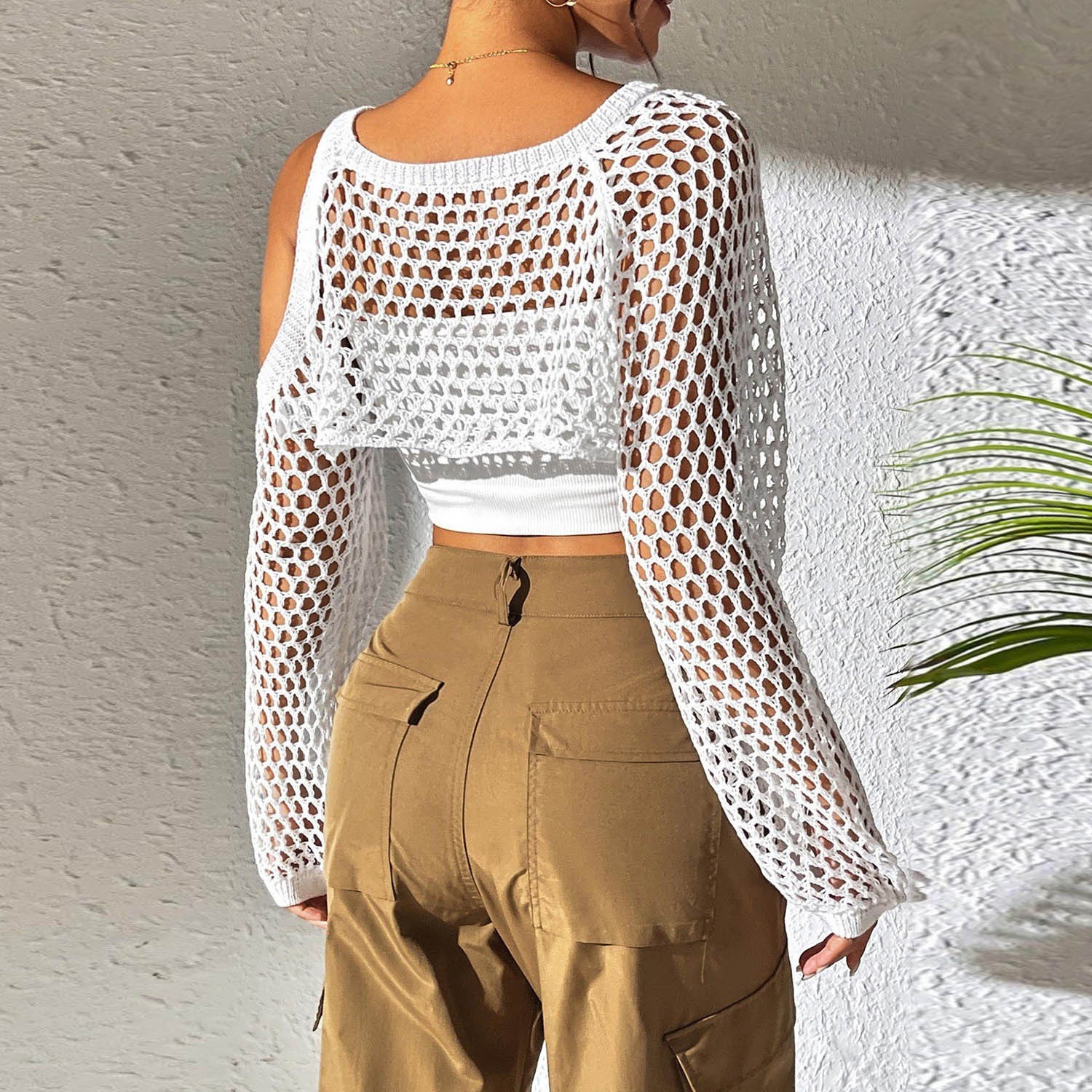 Women's Mesh Knit Cropped Long Sleeve Off-Shoulder Top