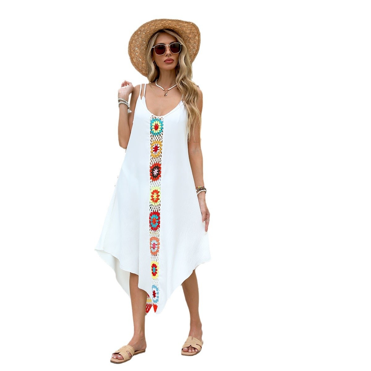 White Crochet Panel Asymmetrical Hem Beach Cover-Up Dress