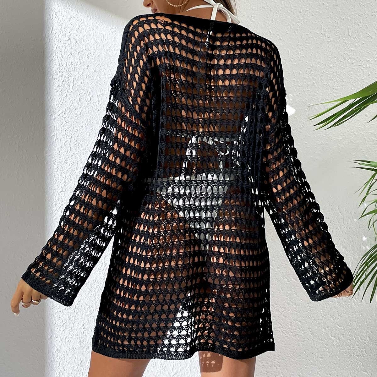 Women's Crochet Knit Beach Cover Up Dress Long Sleeve Swimwear