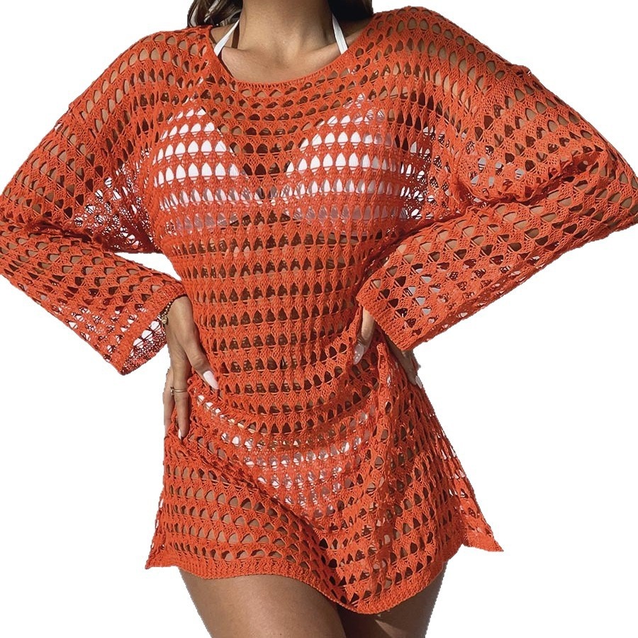 Women's Crochet Knit Beach Cover Up Dress Long Sleeve Swimwear