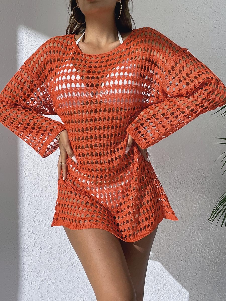 Women's Crochet Knit Beach Cover Up Dress Long Sleeve Swimwear