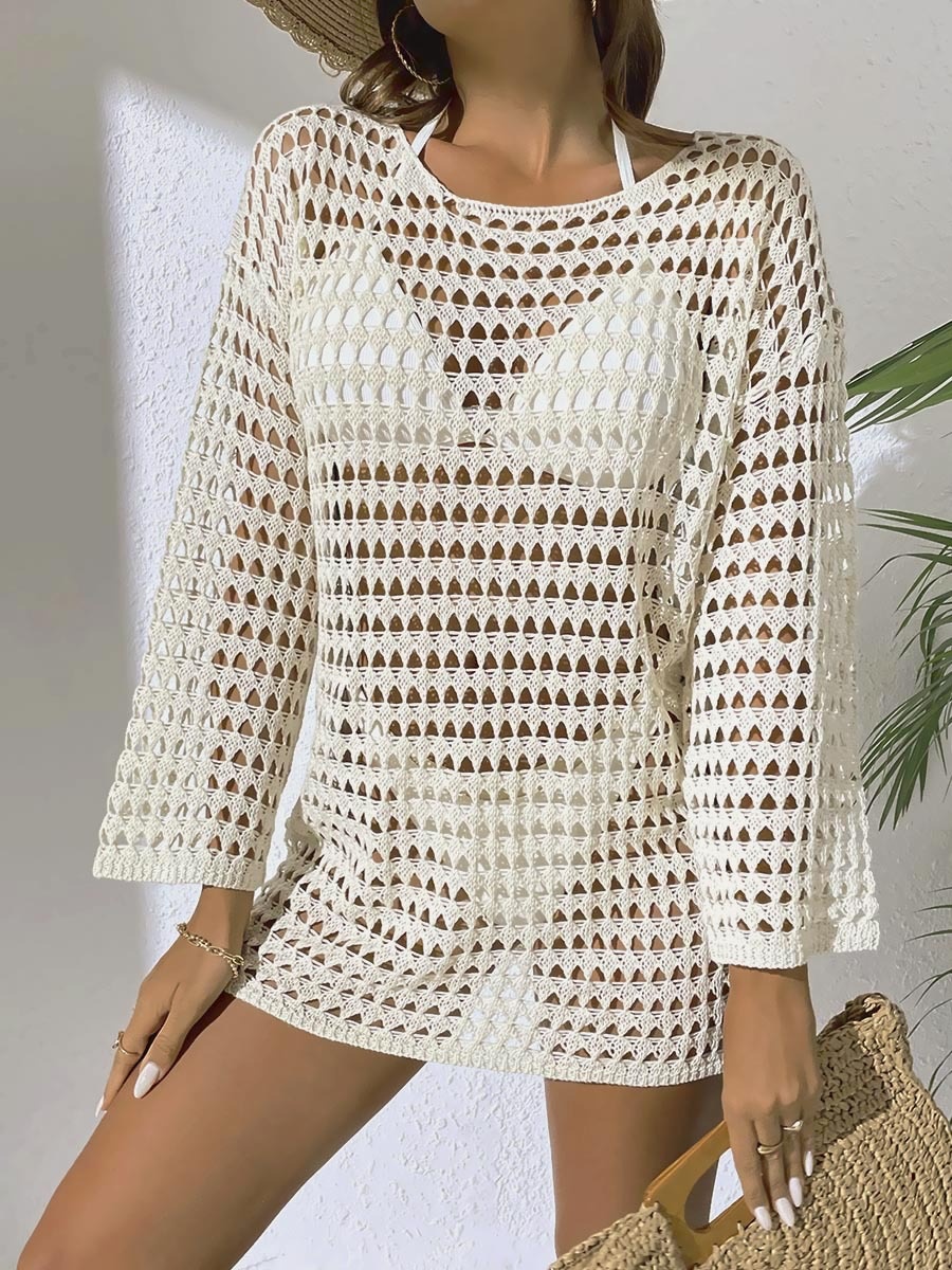 Women's Crochet Knit Beach Cover Up Dress Long Sleeve Swimwear