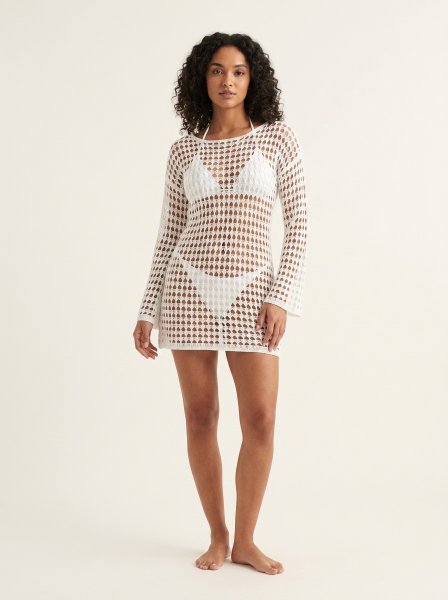 Women's Crochet Knit Beach Cover Up Dress Long Sleeve Swimwear