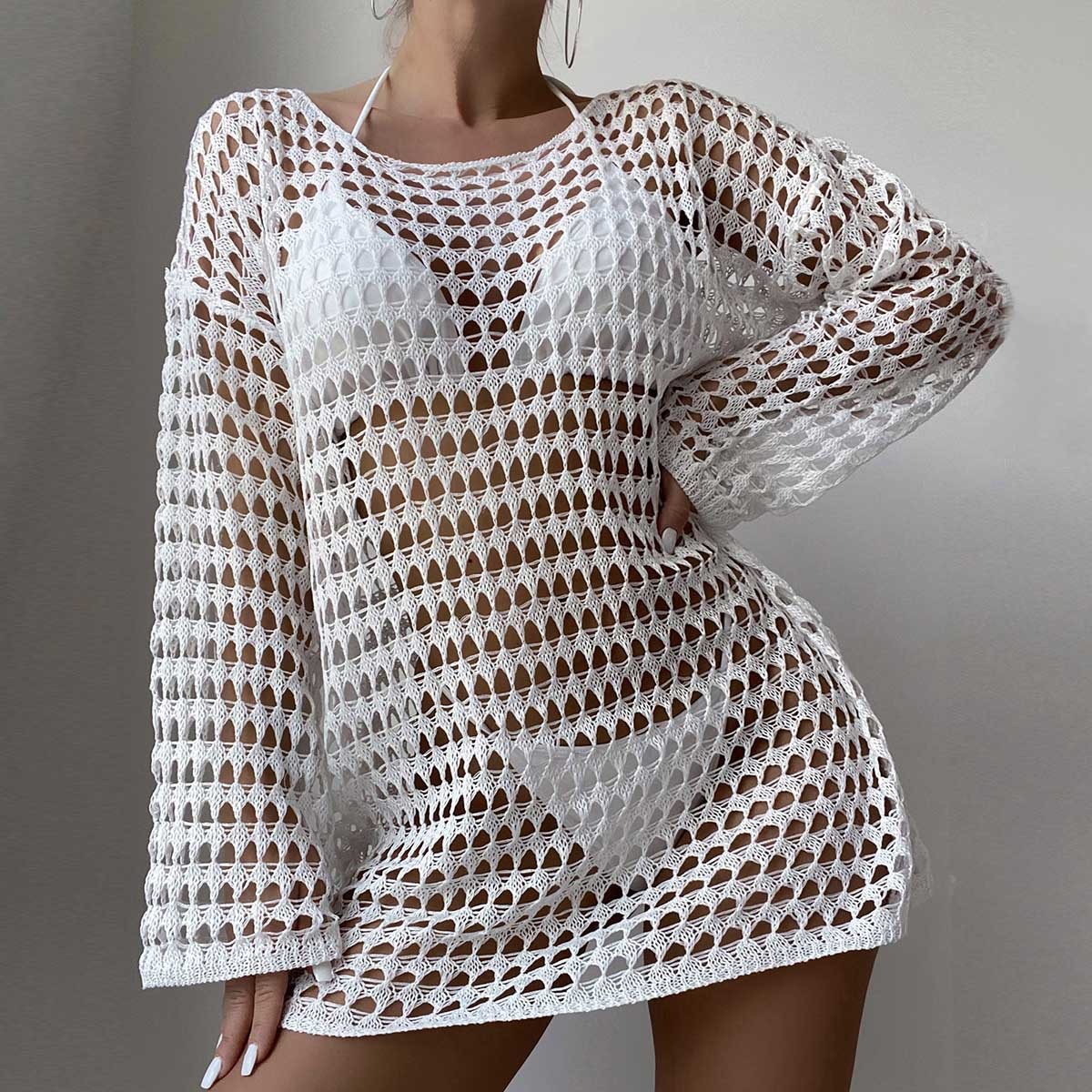 Women's Crochet Knit Beach Cover Up Dress Long Sleeve Swimwear