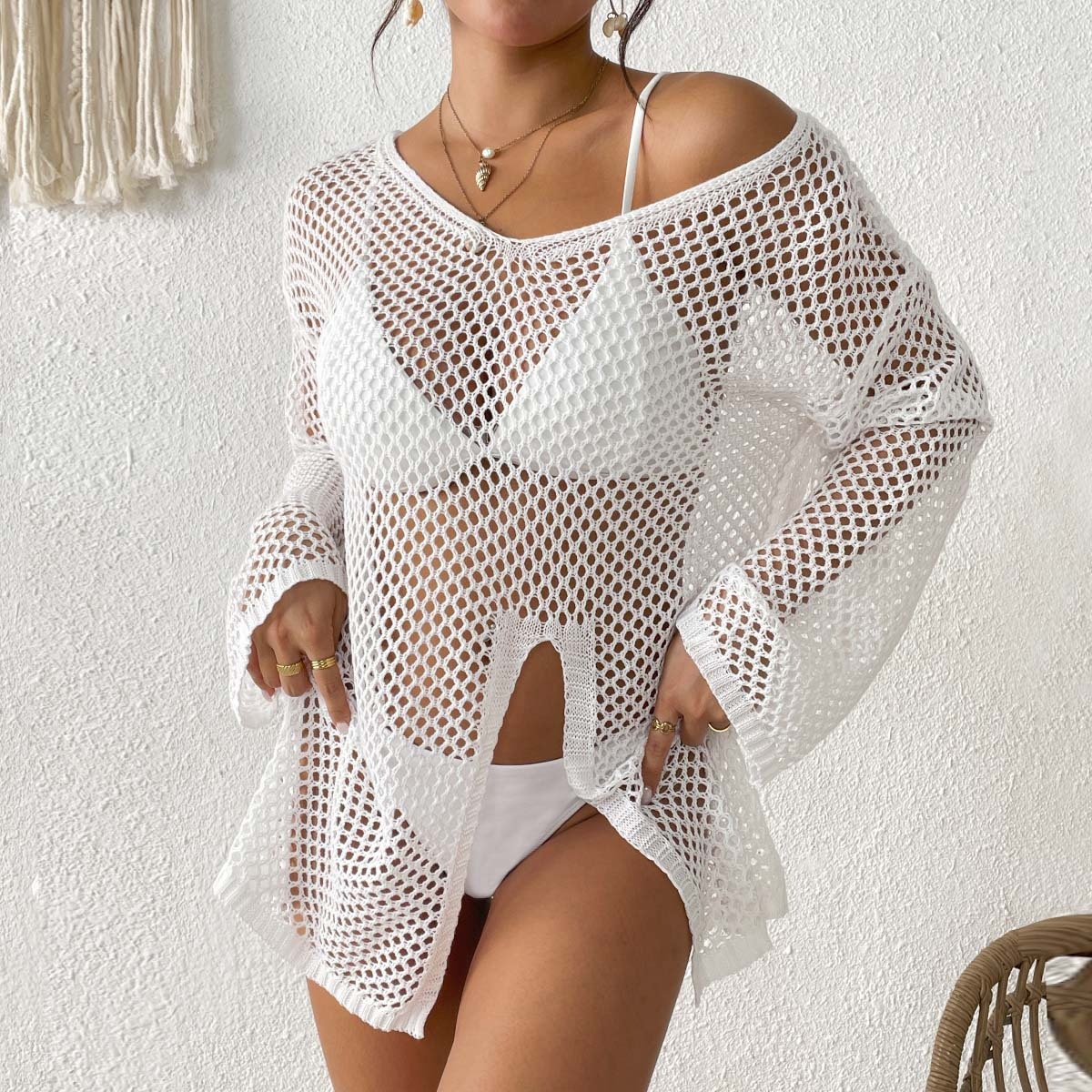 Women's V-Neck Mesh Knit Beach Cover Up Swimsuit Dress