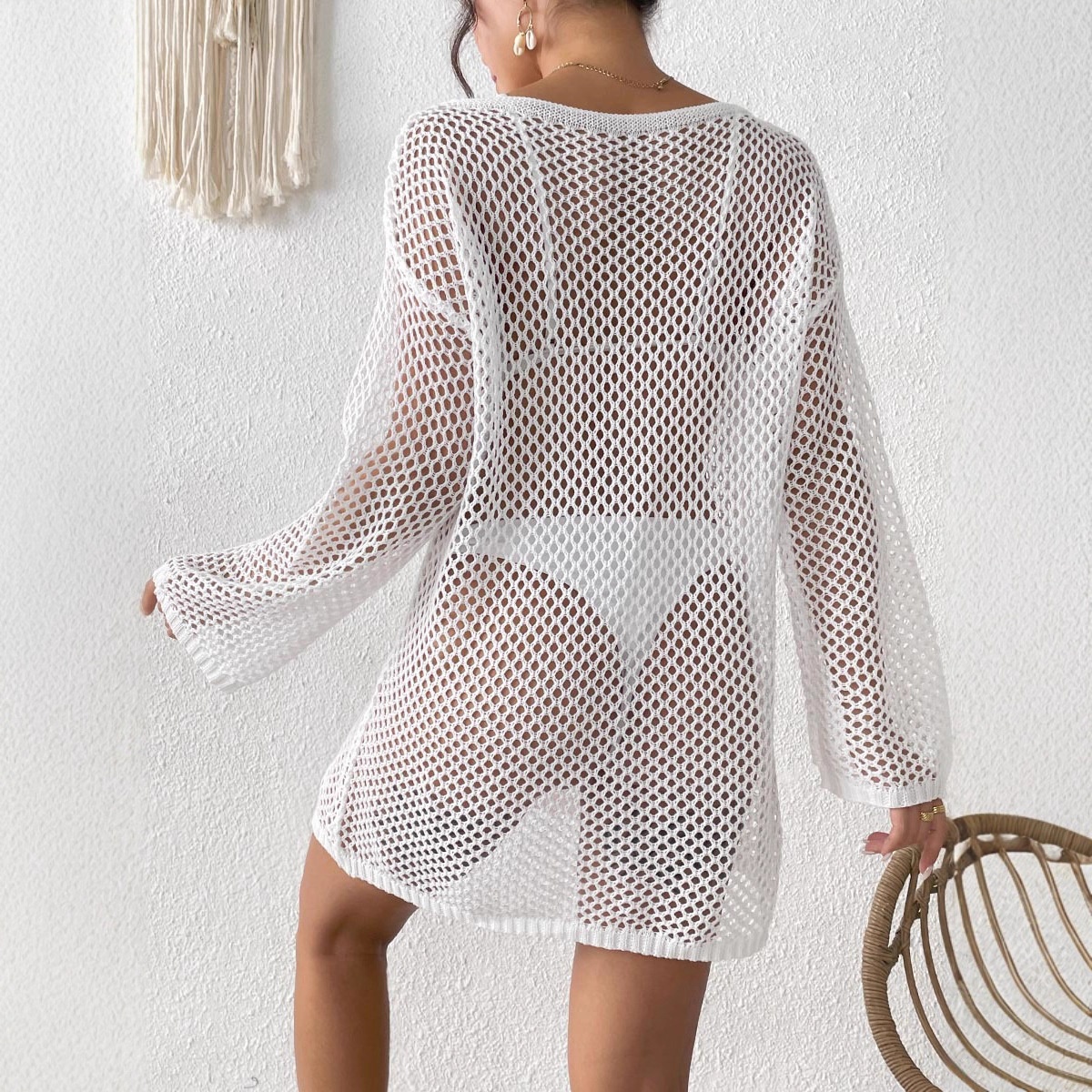 Women's V-Neck Mesh Knit Beach Cover Up Swimsuit Dress