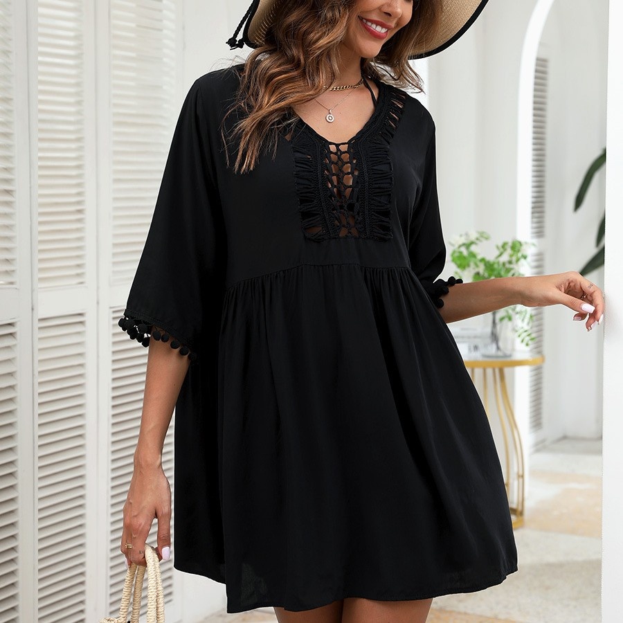 Black Crochet V-Neck Beach Cover-Up Dress with Pom-Poms