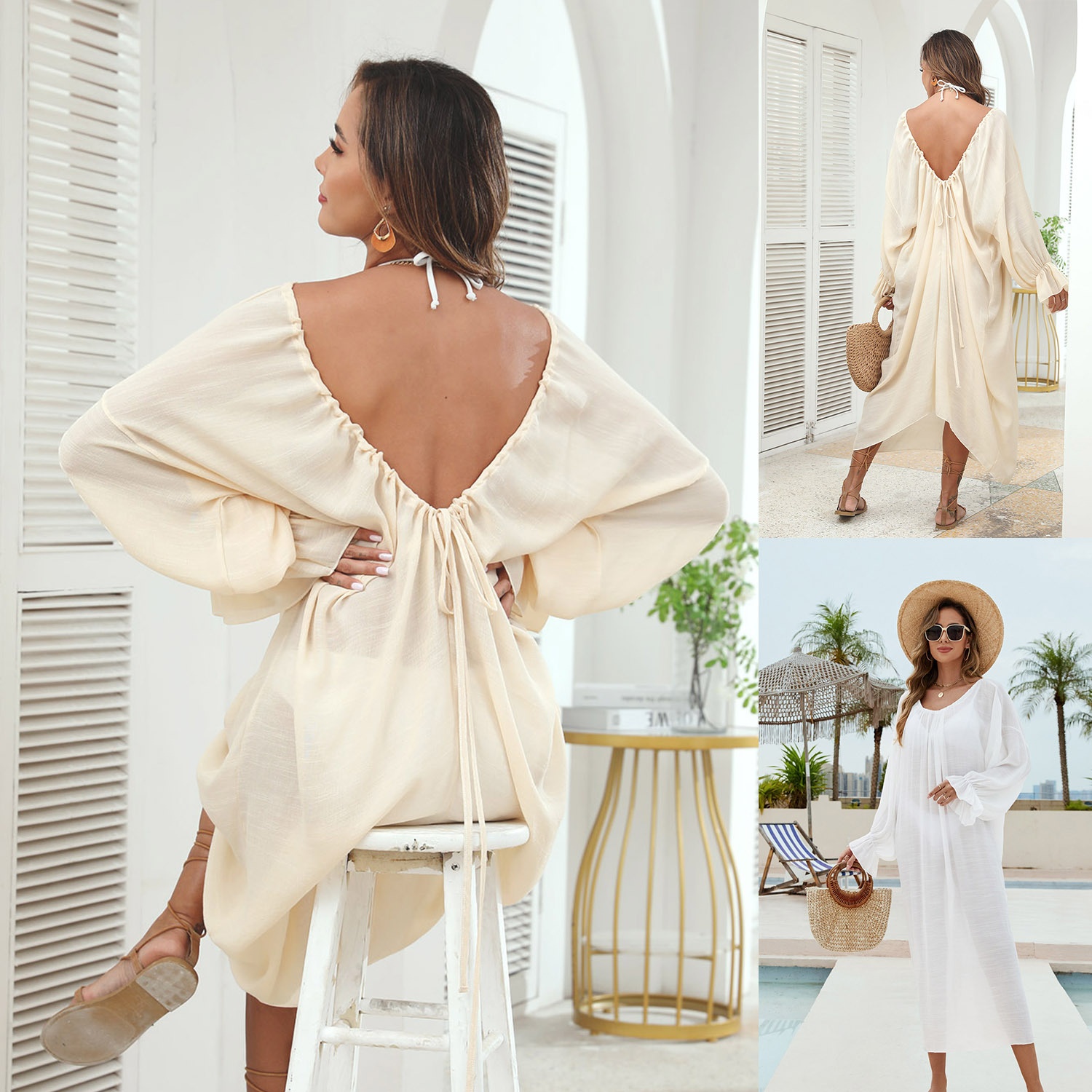 Boho Long Sleeve Beach Cover-Up Dress - Open Back Maxi