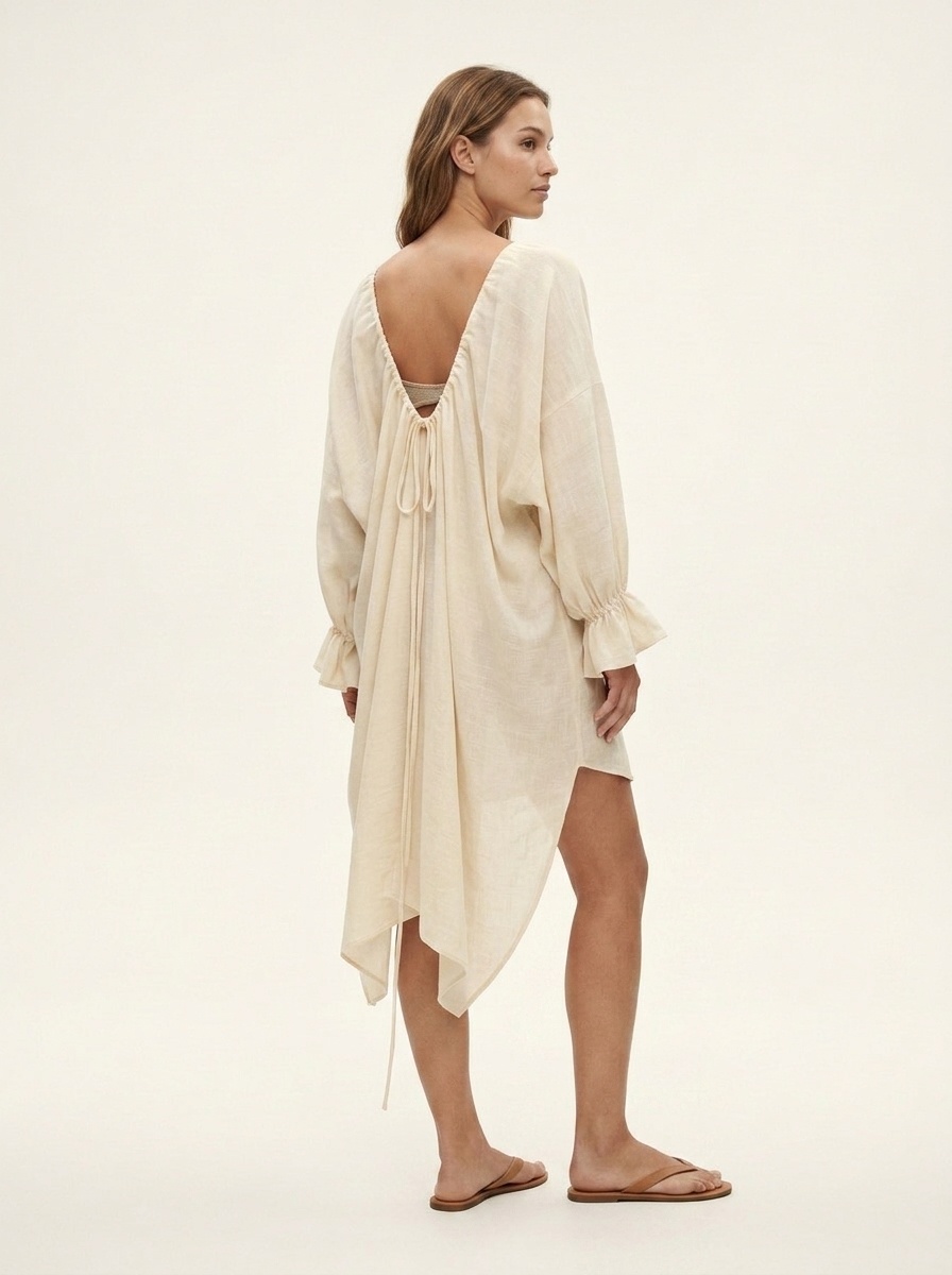Boho Long Sleeve Beach Cover-Up Dress - Open Back Maxi
