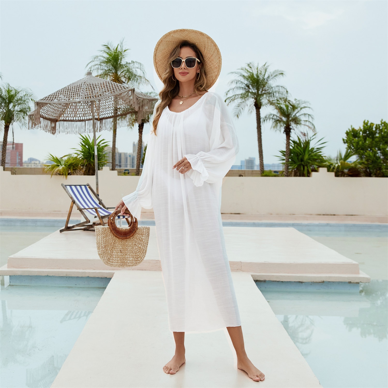Boho Long Sleeve Beach Cover-Up Dress - Open Back Maxi