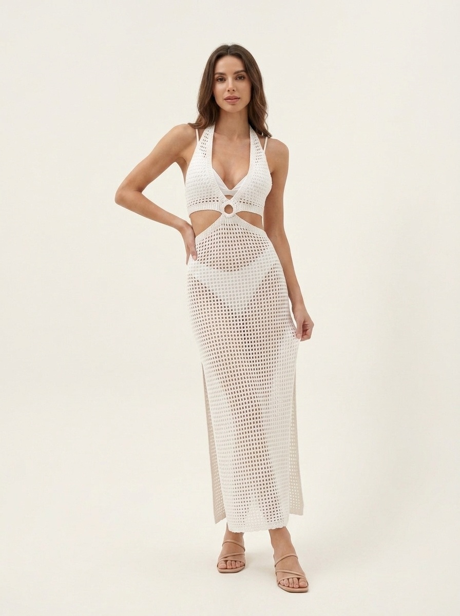 Chic Crochet Cutout Halter Maxi Dress Beach Cover-Up