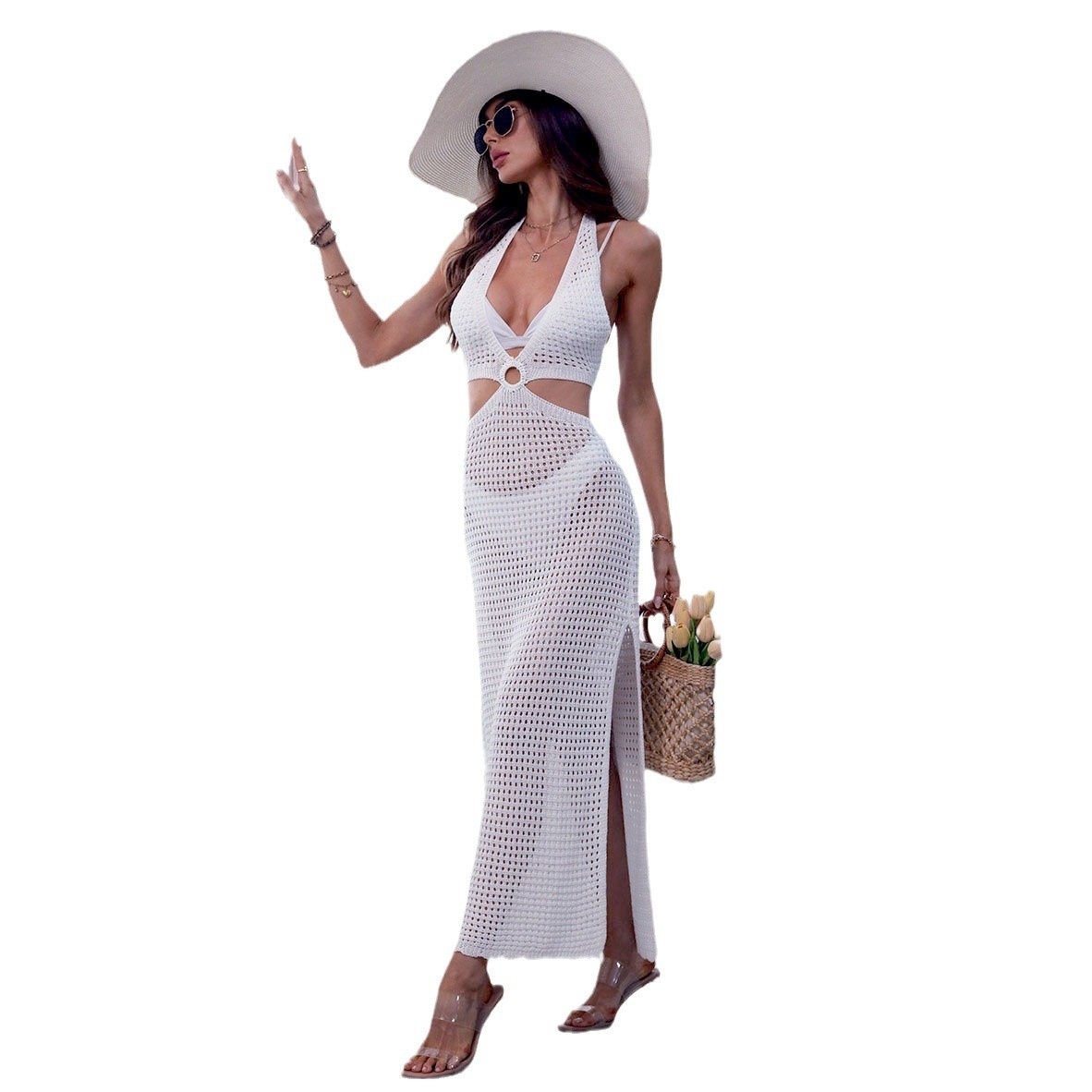 Chic Crochet Cutout Halter Maxi Dress Beach Cover-Up