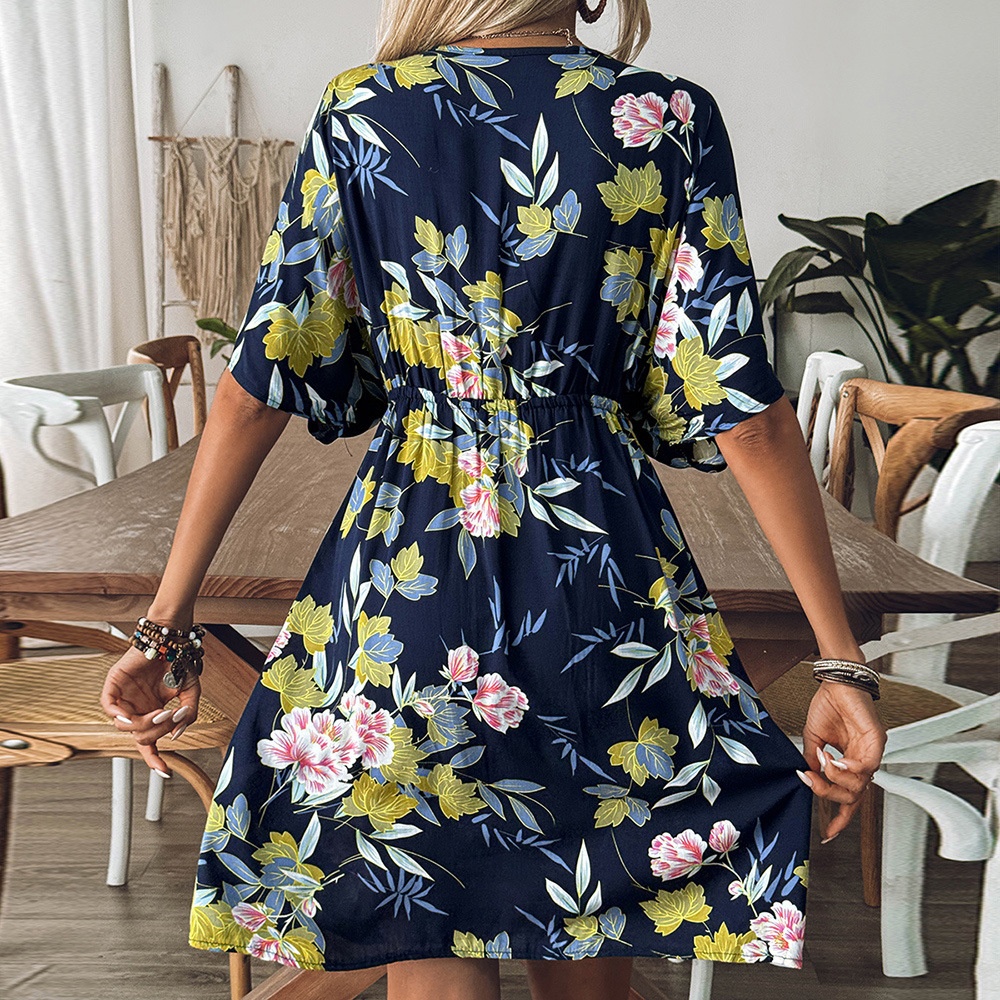 Women's Floral V-Neck Beach Dress with Crochet Trim