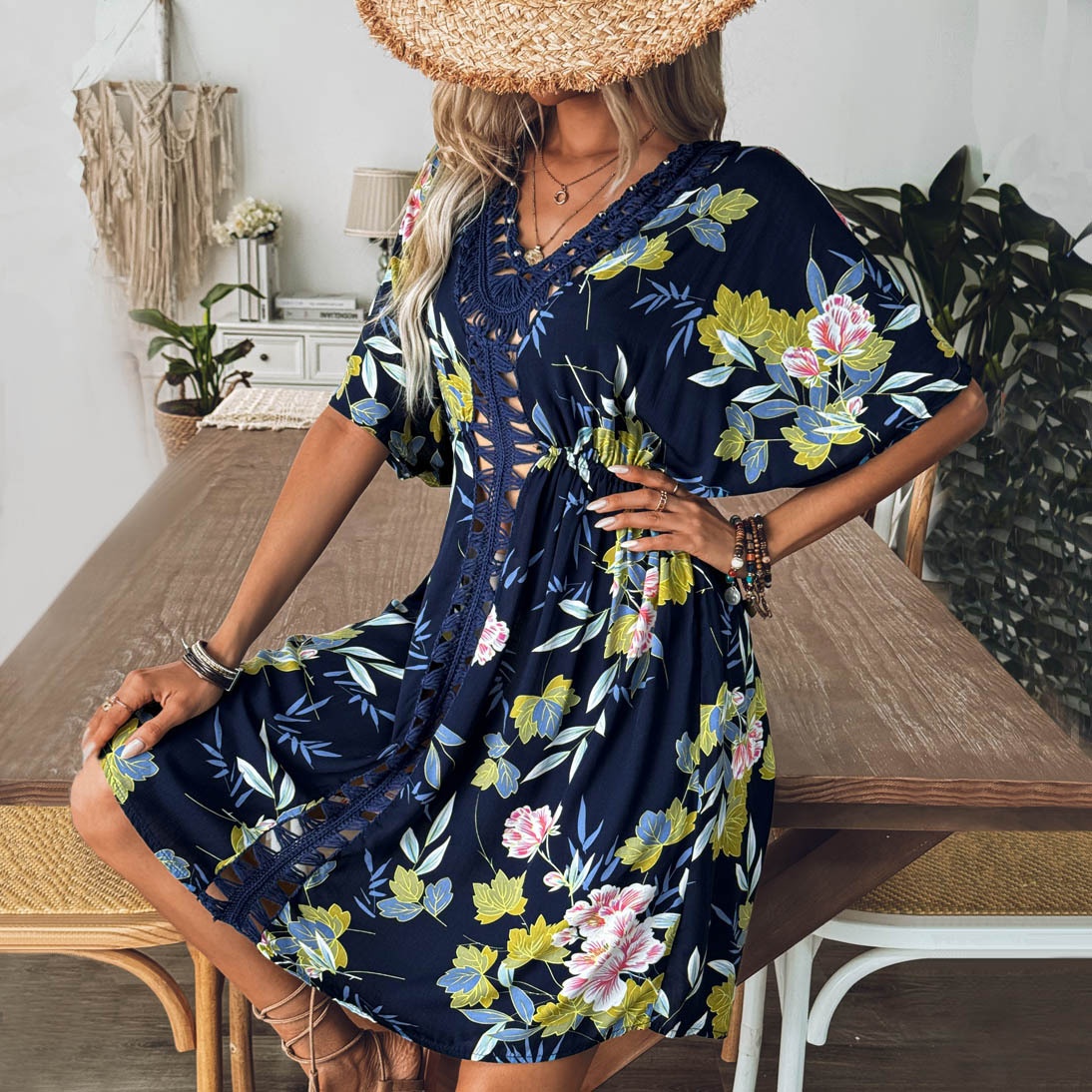 Women's Floral V-Neck Beach Dress with Crochet Trim