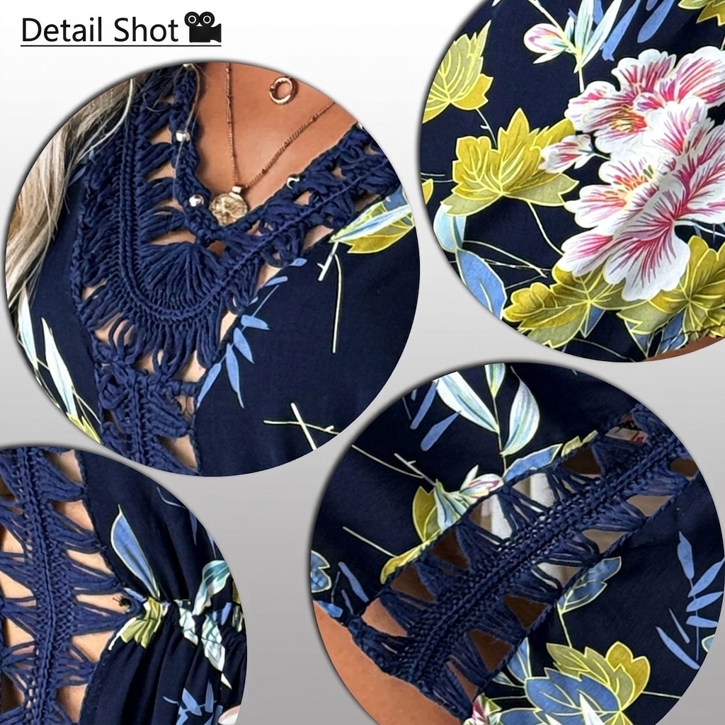 Women's Floral V-Neck Beach Dress with Crochet Trim