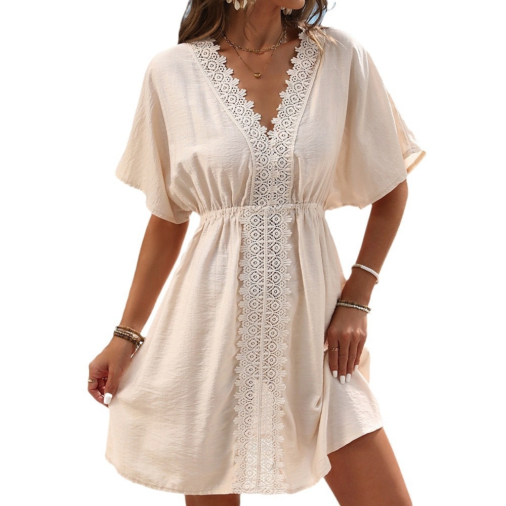Women's Lace V-Neck Beach Cover Up Dress Summer Mini Kaftan