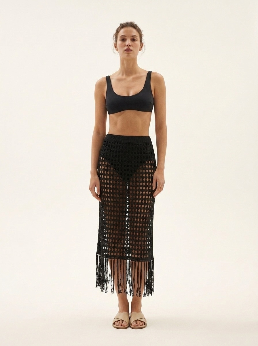 Women's Crochet Knit Beach Cover-Up Skirt with Fringe Slit