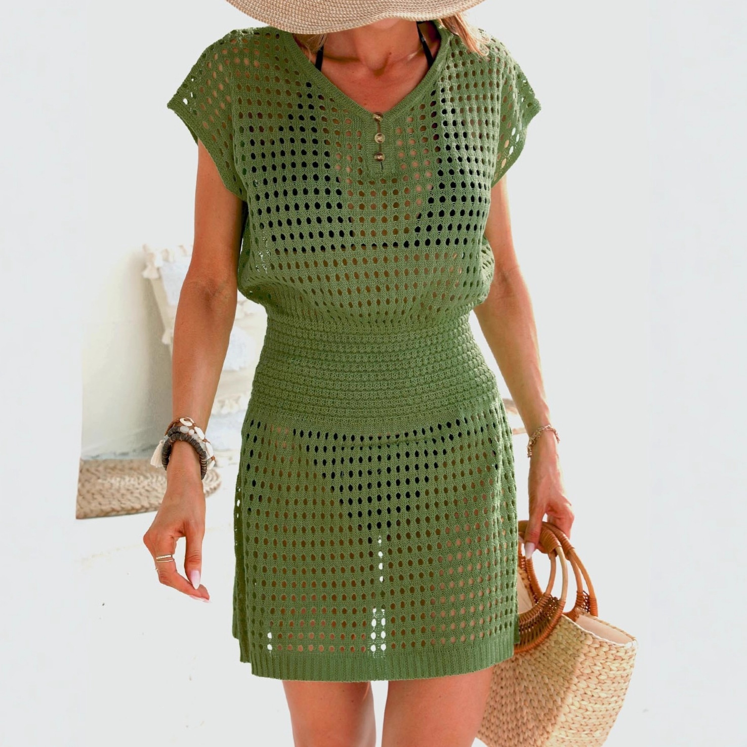 Women's Crochet Knit Beach Cover Up Dress V-Neck Short Sleeve