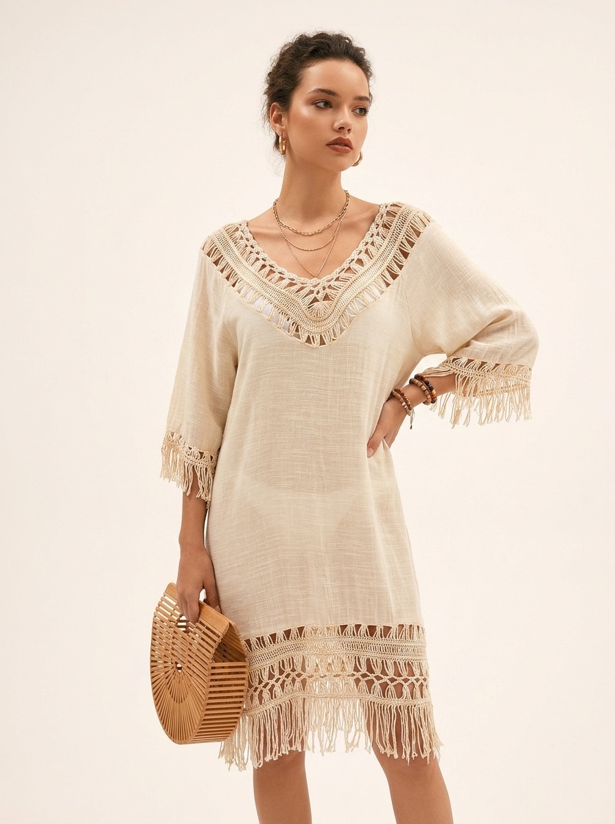 Boho Crochet Fringe V-Neck Beach Cover Up Tunic Dress
