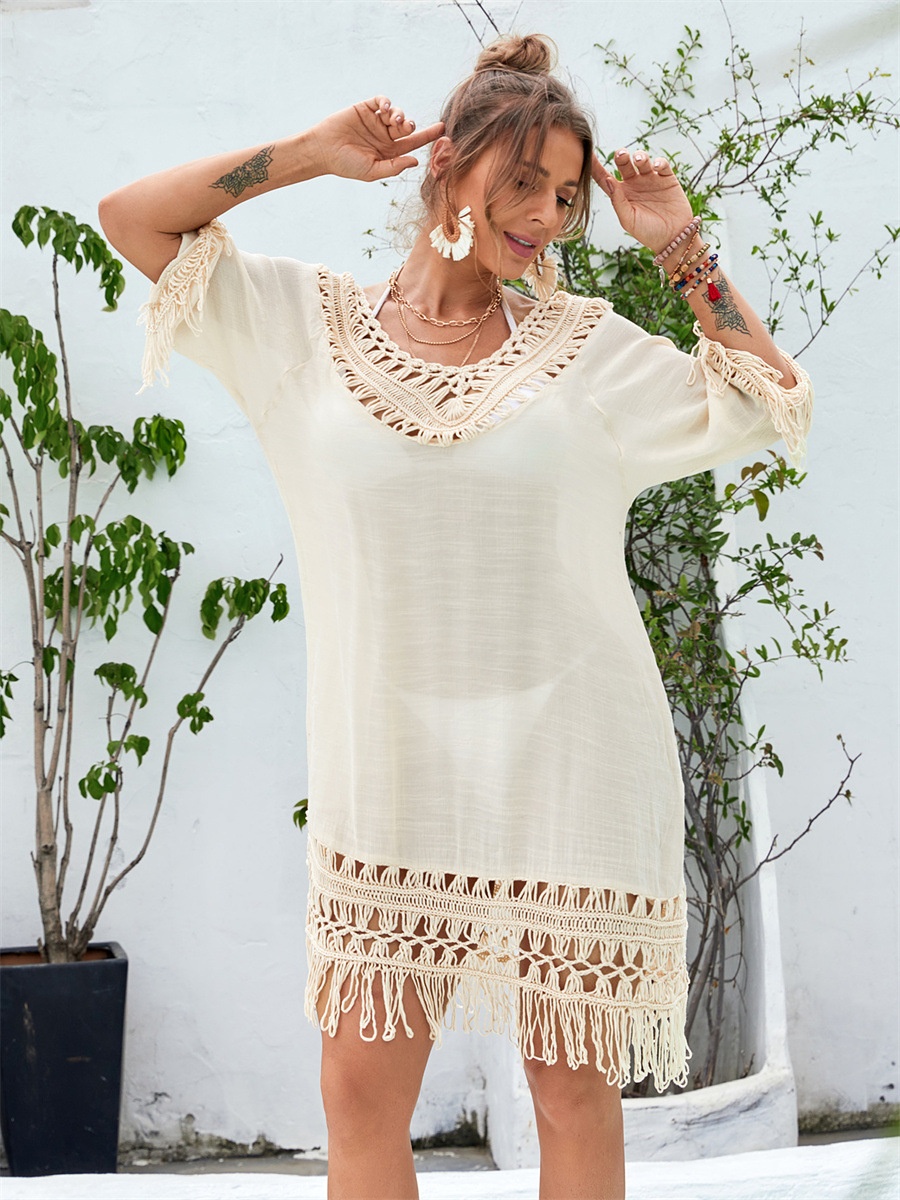 Boho Crochet Fringe V-Neck Beach Cover Up Tunic Dress