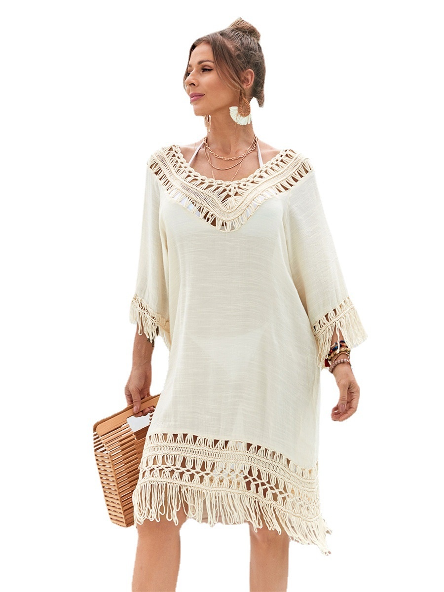 Boho Crochet Fringe V-Neck Beach Cover Up Tunic Dress