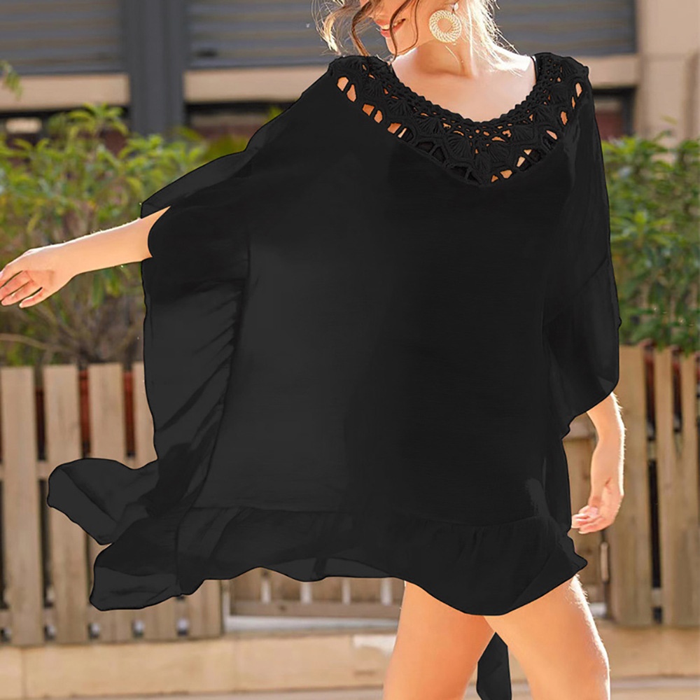 Black Crochet V-Neck Beach Cover Up Kaftan Dress