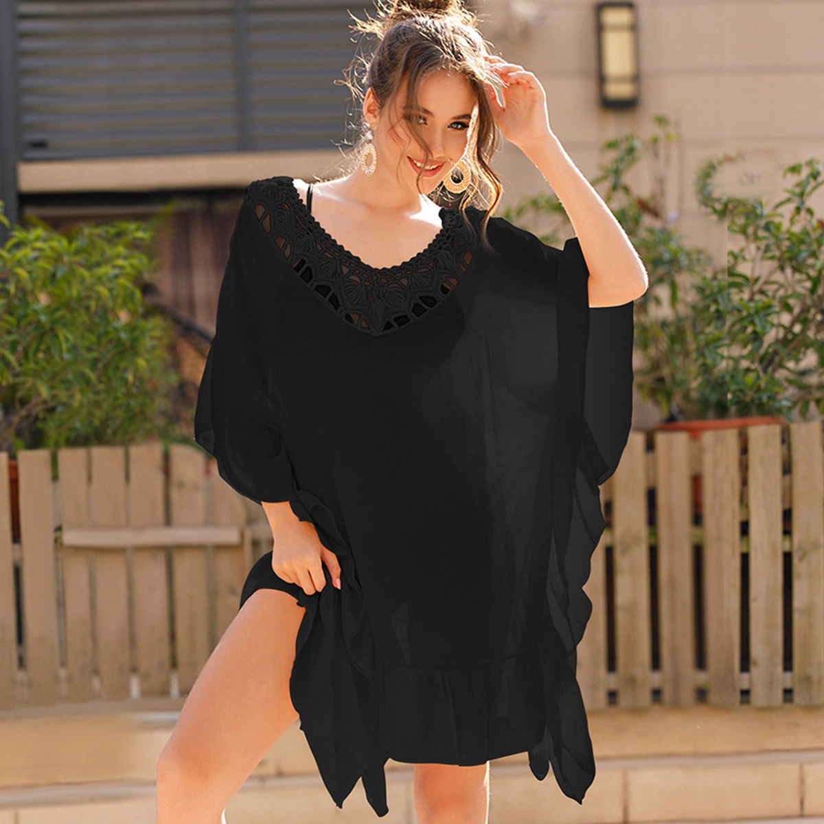 Black Crochet V-Neck Beach Cover Up Kaftan Dress